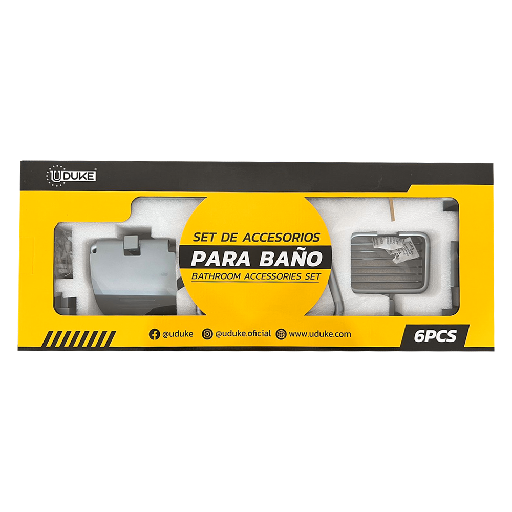 KIT ACCESORIOS PARA BAÑO X 6 PIEZAS GRIS CLARO UDUKE (HT3394)