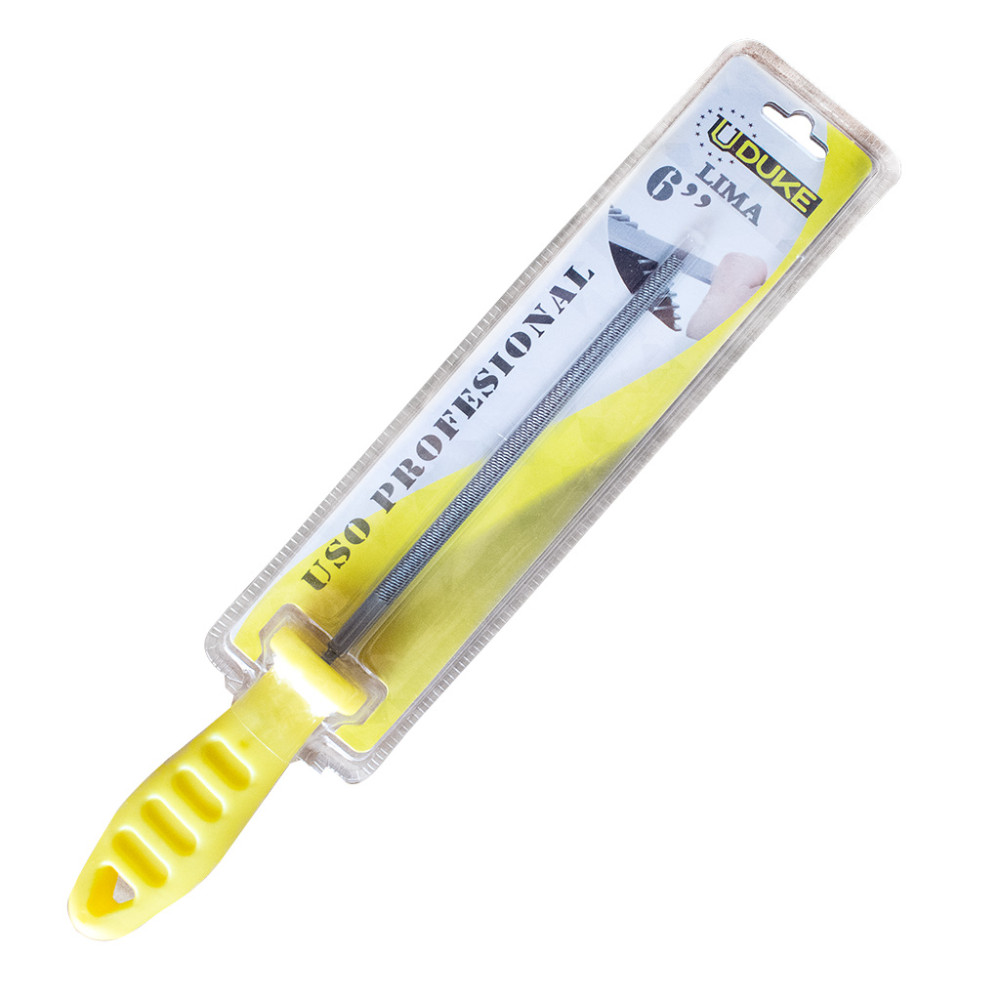 LIMA  REDONDA 6" CON MANGO AMARILLO EN BLISTER UDUKE (HT1412)