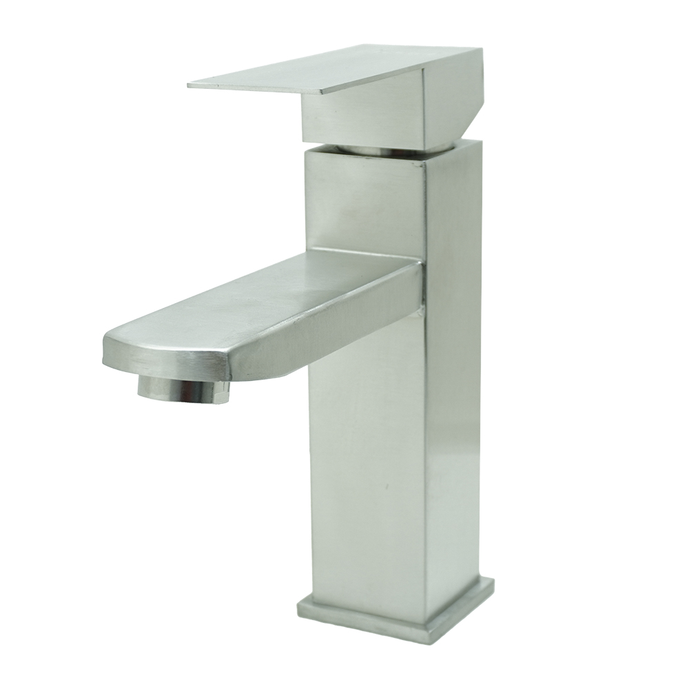 LLAVE LAVAMANOS MONOCONTROL ACERO INOXIDABLE CUADRADA SATINADA BAJA 18CM  UDUKE  (HT2032) 