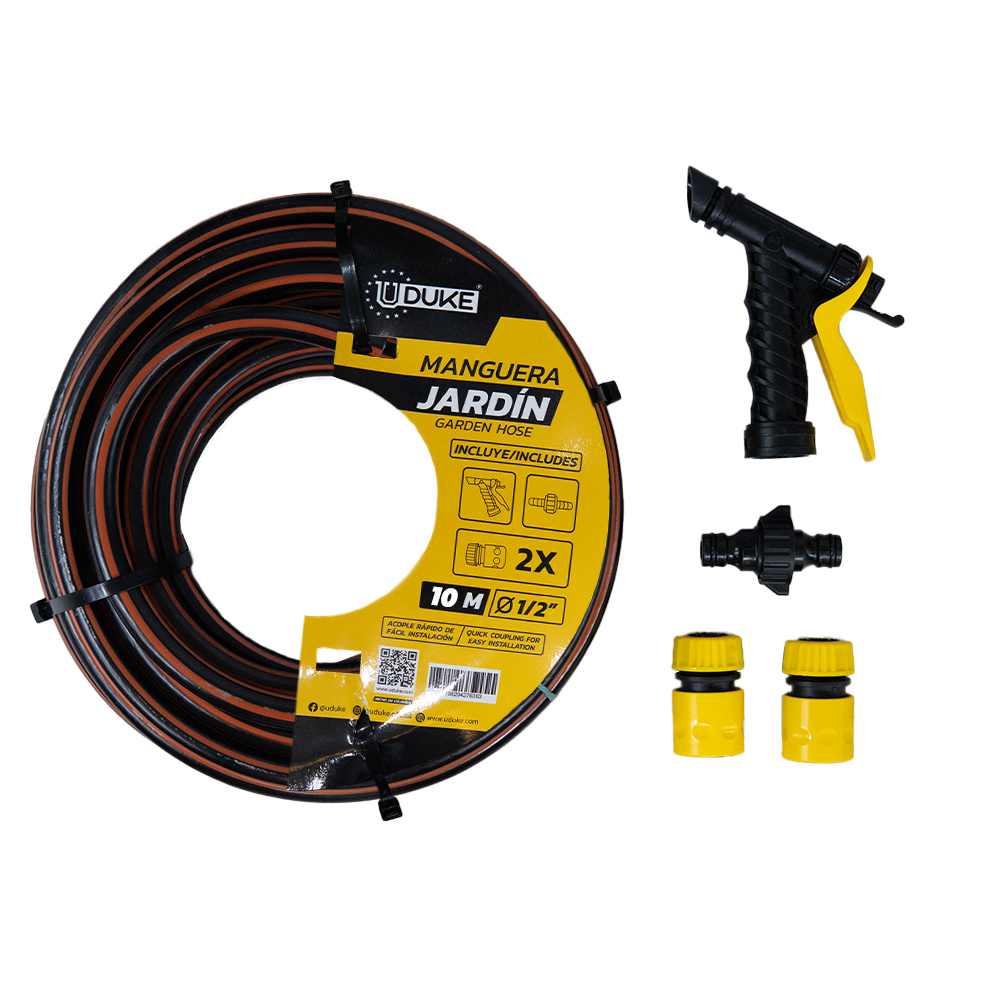 MANGUERA DE JARDIN UDUKE USO DOMESTICO-INDUSTRIAL X 10 METROS (FENIX-BICOLOR)ACOPLE RAPIDO Y PISTOLA