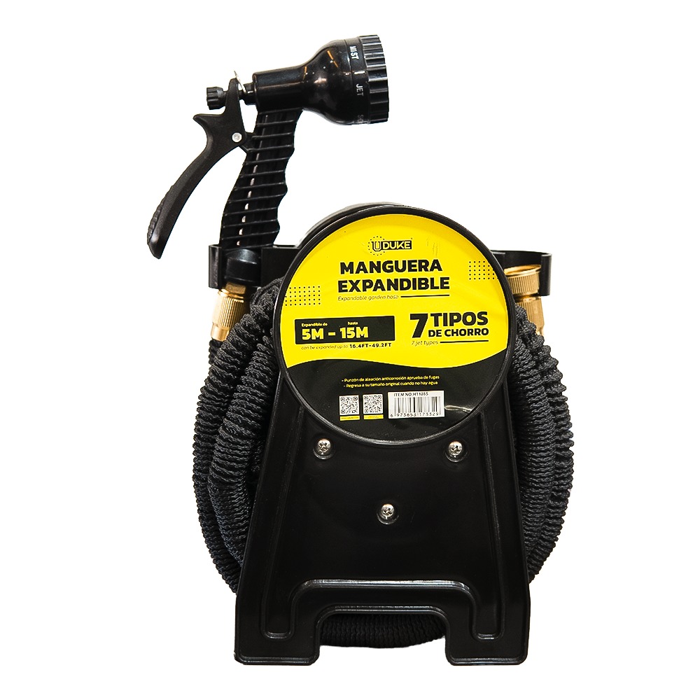 MANGUERA EXPANDIBLE CON PISTOLA 15 MTS UDUKE EN CARRETO (HT1285)
