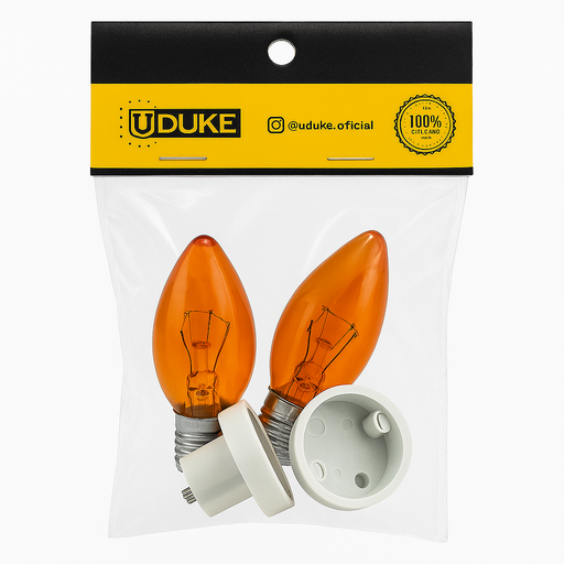 [135BK] BOMBILLO CANDELABRO SENCILLO NARANJA  + SOCKET CANDELABRO PASTA PQT X 2 UDUKE