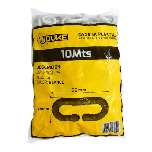 [14457] CADENA PLASTICA  6 BLANCA ESLABON ABIERTO X 10 MTS UDUKE