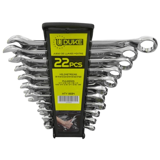 [12034] LLAVE MIXTA JUEGO X 22 PCS (8-18MM + 1/4-7/8) CON ESTUCHE CR/V UDUKE (HTY0034)